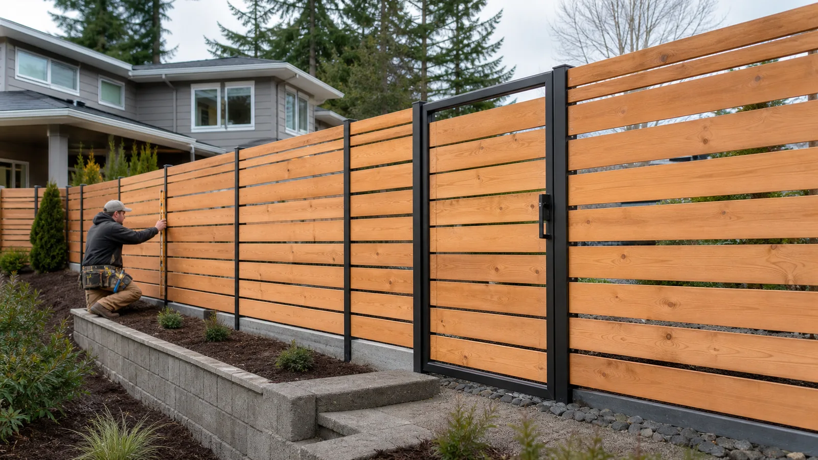 Horizontal Wood Fence in Ridgefield, WA: Slats, Posts and Grade